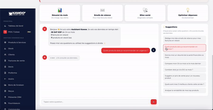 Démo live de l'assistant IA Kawoo qui analyse les chiffres et répond aux questions