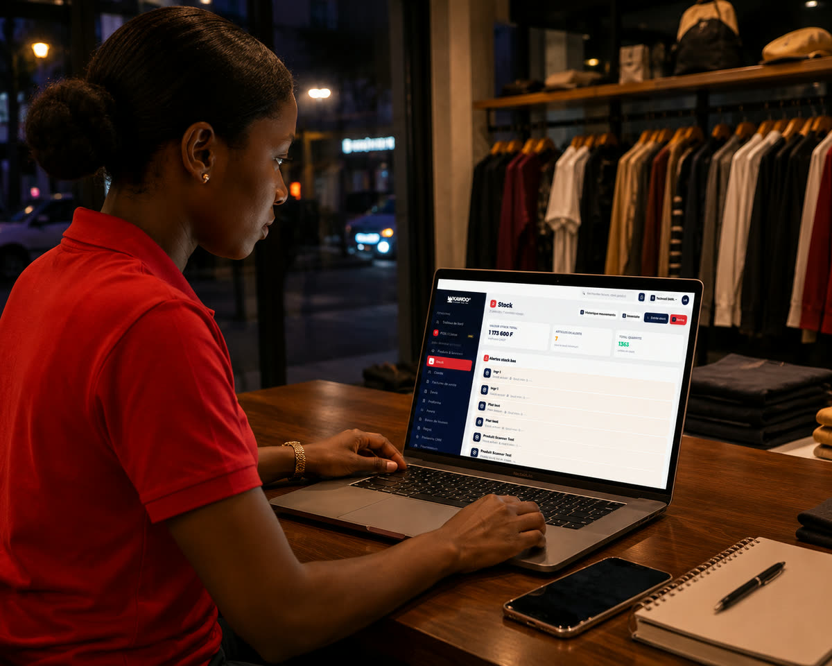 Gérante de boutique qui clôture sa journée sur Kawoo depuis son MacBook
